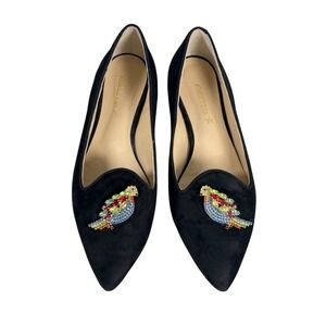 A'BIDDIKKIA Rare Black Suede Pointed Ballet Flats Bird Rhinestone Loafers‎ 41 11